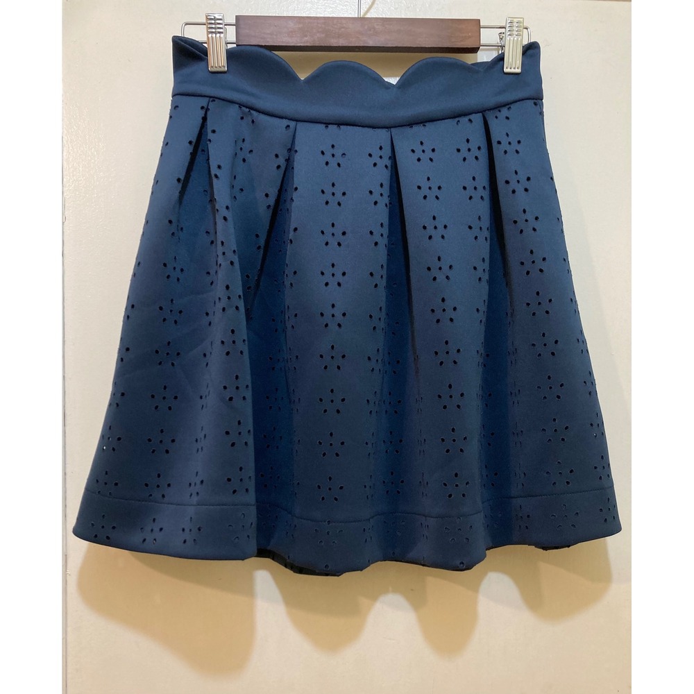 Alya Skater Skirt Womens M Navy Blue Laser Cut Scalloped Waist‎ Pleated Coquette